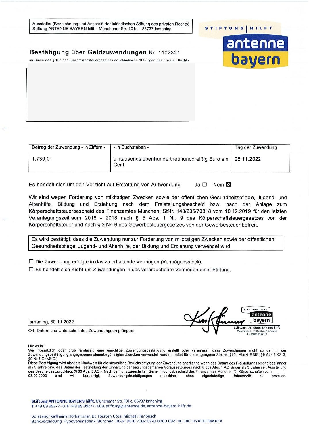 Zuwendungsbestätigung der Stiftung ANTENNE BAYERN hilft vom 28.11.2022