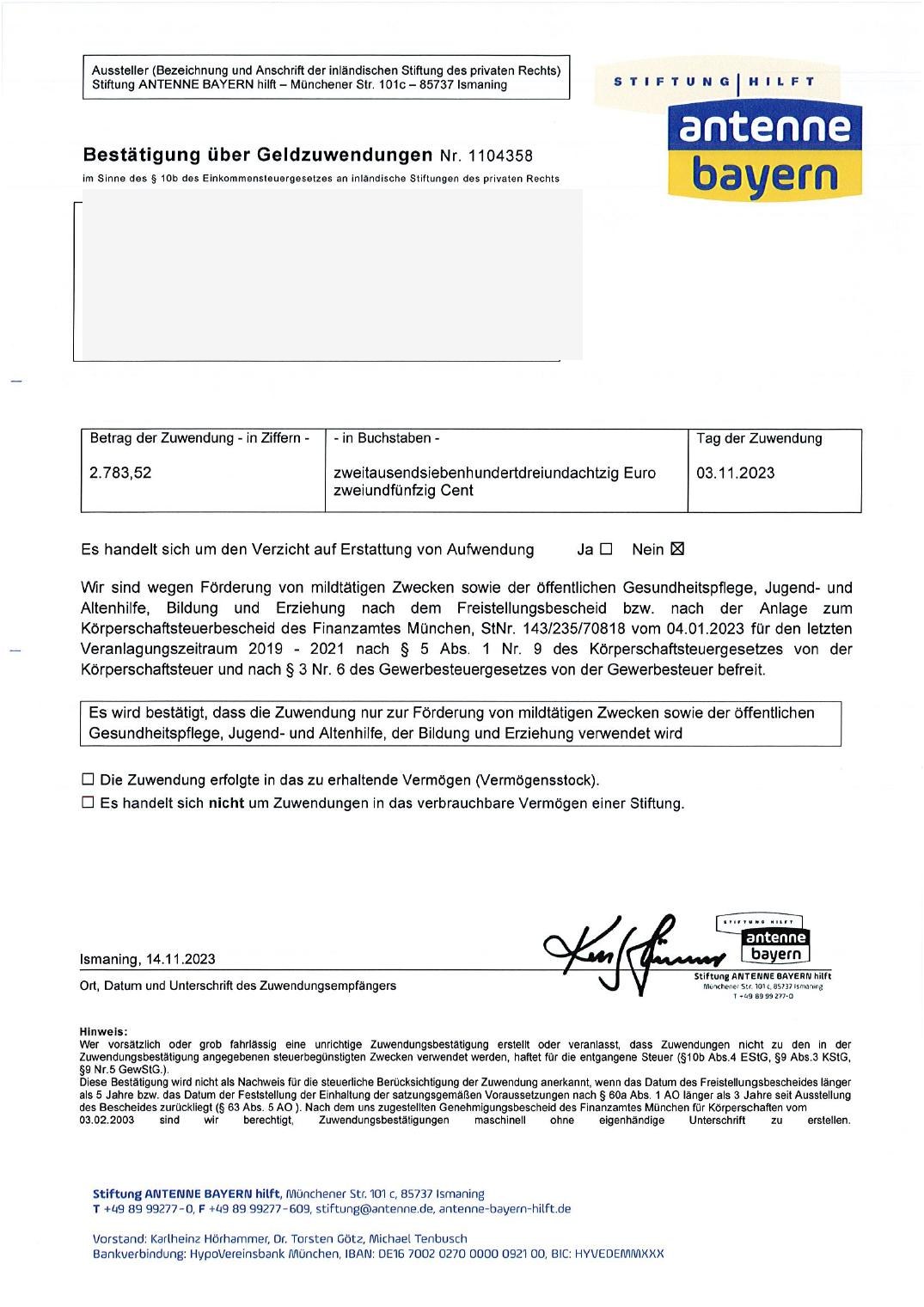 Zuwendungsbestätigung der Stiftung ANTENNE BAYERN hilft vom 03.11.2023