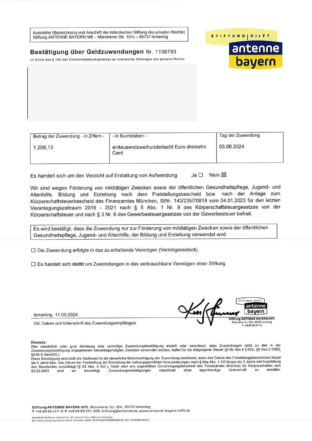Zuwendungsbestätigung der Stiftung ANTENNE BAYERN hilft vom 05.06.2024