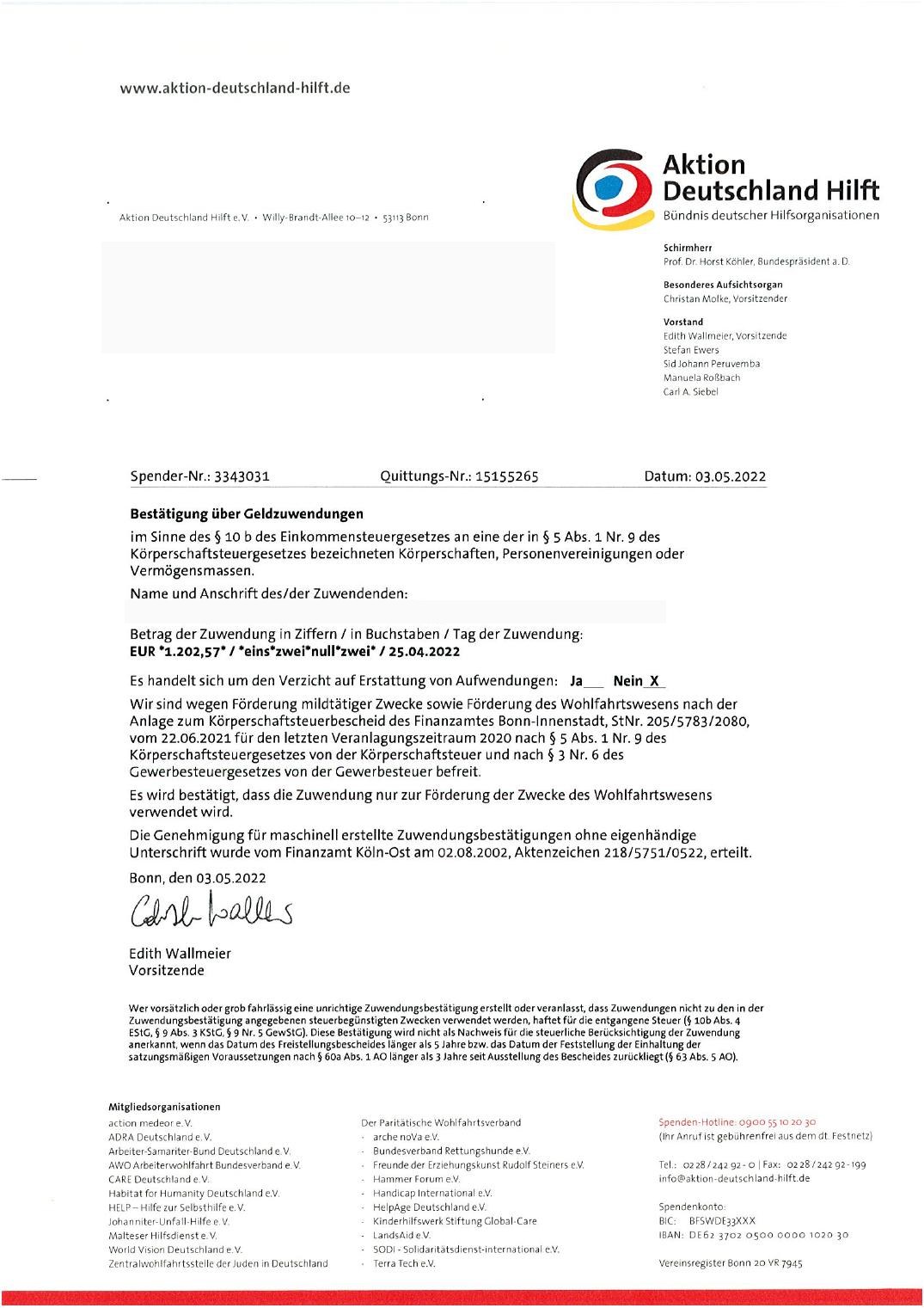 Zuwendungsbestätigung von Aktion Deutschland Hilft vom 03.05.2022
