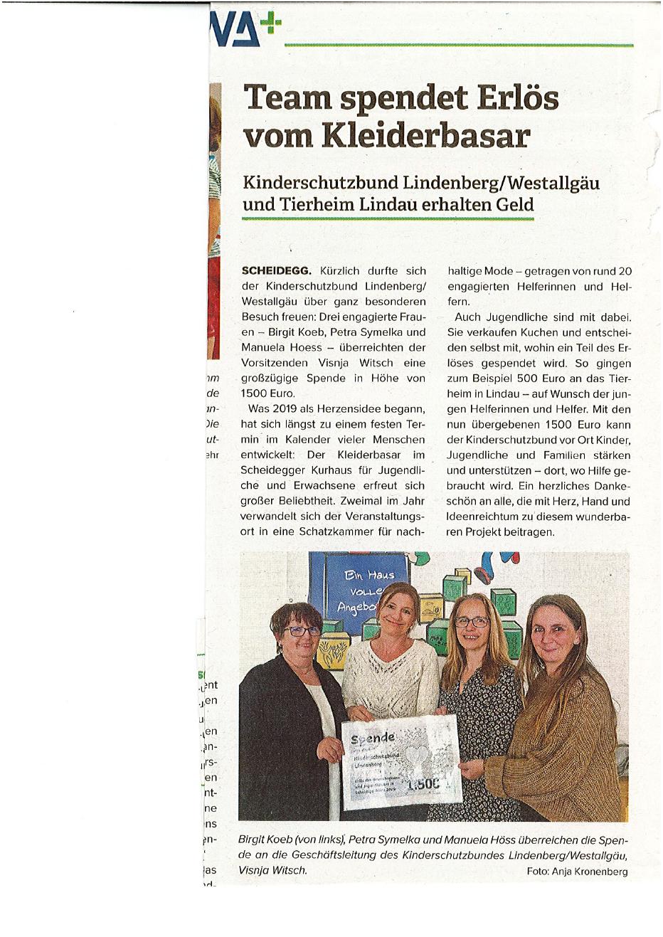 Zeitungsbericht über die Spendenübergabe an den Kinderschutzbund Lindenberg/Westallgäu
