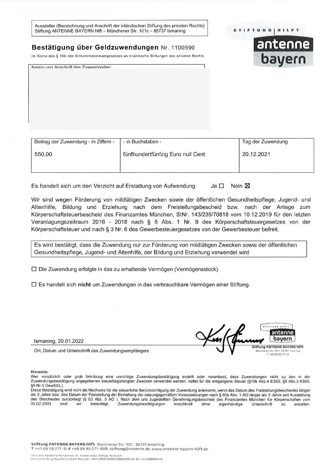 Zuwendungsbestätigung der Stiftung ANTENNE BAYERN hilft vom 20.12.2021