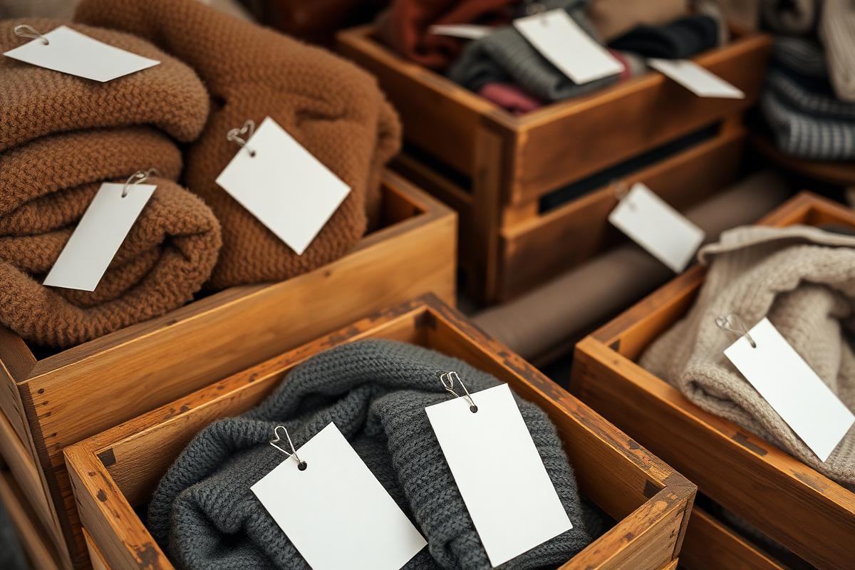 Kisten mit gefalteter Kleidung und Etiketten
